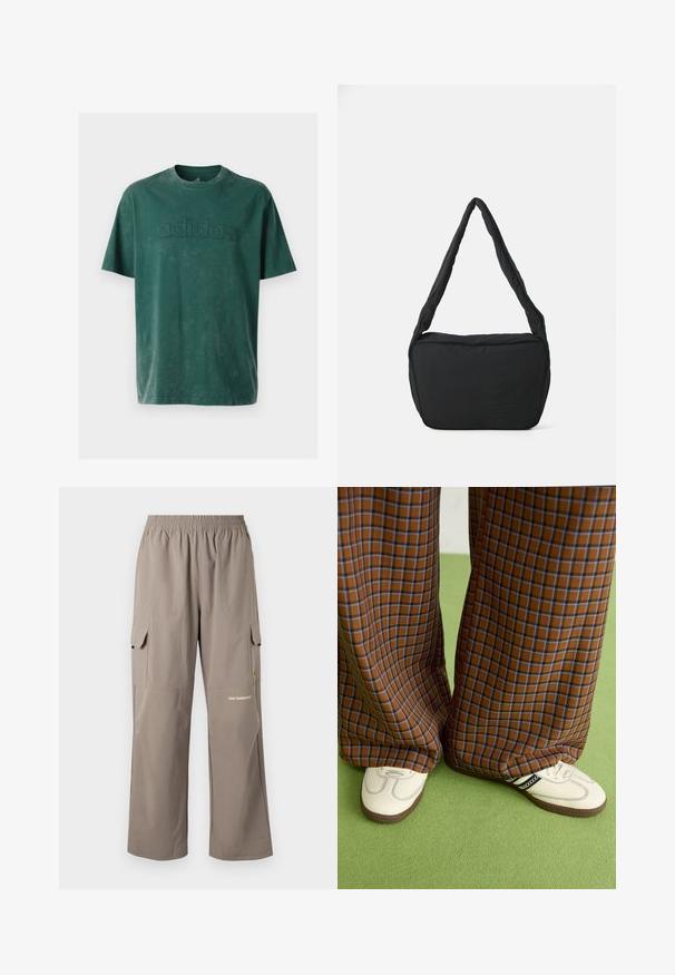 Mørkegrønn bomull t-skjorte med rund hals, korte ermer og en preget "adidas" logo over brystet i en matchende tekstur.; Cargo bukser laget av lett stoff, i taupe farge, med elastisk midje, sidelommer og en subtil merkevarelogo.; Brune og blå rutete vide bukser sammen med hvite sko med svarte detaljer og teksturerte såler, satt mot en grønn bakgrunn.; Svart skulderveske med polstret tekstur, rund form og bred stropp, med et preget logo på forsiden.