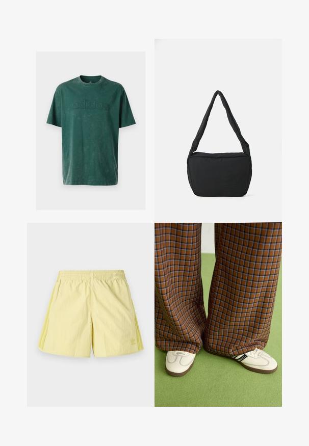 T-shirt de algodão verde escuro com gola redonda, mangas curtas e um logótipo "adidas" em relevo no peito, com uma textura correspondente.; Shorts desportivos amarelos com cintura elástica, apresentando três riscas laterais num tom mais claro e um pequeno logótipo na parte inferior esquerda.; Calças largas em padrão xadrez castanho e azul, combinadas com sapatos brancos com detalhes pretos e solas texturizadas, contra um fundo verde.; Saco preto de ombro com uma textura almofadada, uma forma arredondada e uma alça larga, apresentando um logótipo em relevo na parte da frente.