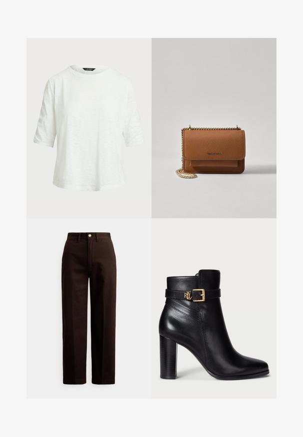 Bela majica s kratkim rukavima izrađena od laganog materijala. Ima okrugli izrez i opušteni kroj s suptilnim teksturiranim uzorkom.; Tamno smeđe ravne hlače s gumbom i patentnim zatvaračem, petljama za remen i prednjim džepovima na bijeloj pozadini.; Crne kožne gležnjače s glatkom završnom obradom, šiljastim vrhom i zlatnom kopčom na remenu. Imaju visoki potplat s složenim petom.; Smeđa kožna torba preko tijela s teksturom, zlatnim lančićem i preklopom na zatvaranju. Na prednjoj strani nalazi se detalj s potpisom i džep ispod preklopa.