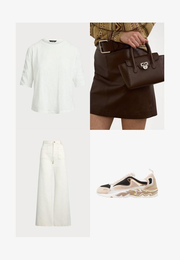 Valkoinen lyhythihainen t-paita, joka on valmistettu kevyestä kankaasta. Ominaisuuksiin kuuluu pyöreä pääntie ja rento istuvuus, jossa on hienovarainen tekstuurikuvio.; Reisitaskuhousut vaaleanvalkoisesta denimestä. Korkea vyötärö, napitus, kaksi etutaskua ja kontrastiväriset ompeleet.; Lenkkari, jossa on musta verkko-osa, ruskeat nukkaosuudet ja kultaiset metalliset yksityiskohdat. Varustettu valkoisella pohjalla, jossa on aallokkokuosisuunnittelu.; Ruskea nahkainen käsilaukku, jossa on teksturoitu pinta ja hopeiset yksityiskohdat, pidetään kädessä ruskean nahkahameen ja kuviollisen neuleen vieressä.