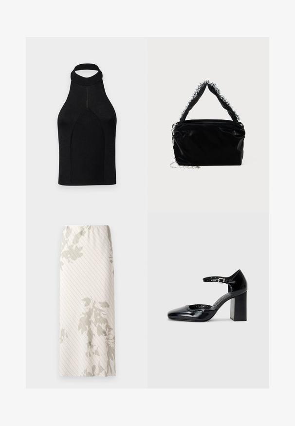 Fekete pánt nélküli top, testhez simuló sziluettel, bordázott kötött anyagból készült. Magas nyakkivágással és varrás nélküli dizájnnal rendelkezik, sima tapintással.; Fehér szoknya keskeny csíkozással és világosszürke virágmintákkal. Rugalmas derékpánt a kényelmes illeszkedés érdekében.; Fekete patent bőr, magas sarkú cipők négyzetes orral, bokapánttal és vastag sarkal. A szélén lyukacsos díszítéssel.; Fekete műbőr kézitáska texturált felülettel, amelyen gyöngyökkel díszített ezüstszínű kiegészítő található a felső fogantyún, valamint láncos pánt.
