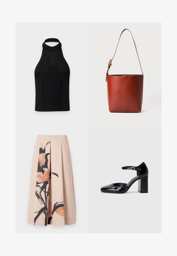 Black halter top with a fitted silhouette, made from ribbed knit fabric. Features a high neck and seamless design with a smooth texture.; Beige pleated skirt made of cotton-blend material, featuring an abstract floral print in soft peach and black tones on one side.; Black patent leather high-heeled shoes with a square toe, ankle strap, and a chunky heel. Includes perforated detailing along the rim.; Brown leather bucket bag with adjustable shoulder strap and gold-tone buckle, simple vertical seam detail on front.
