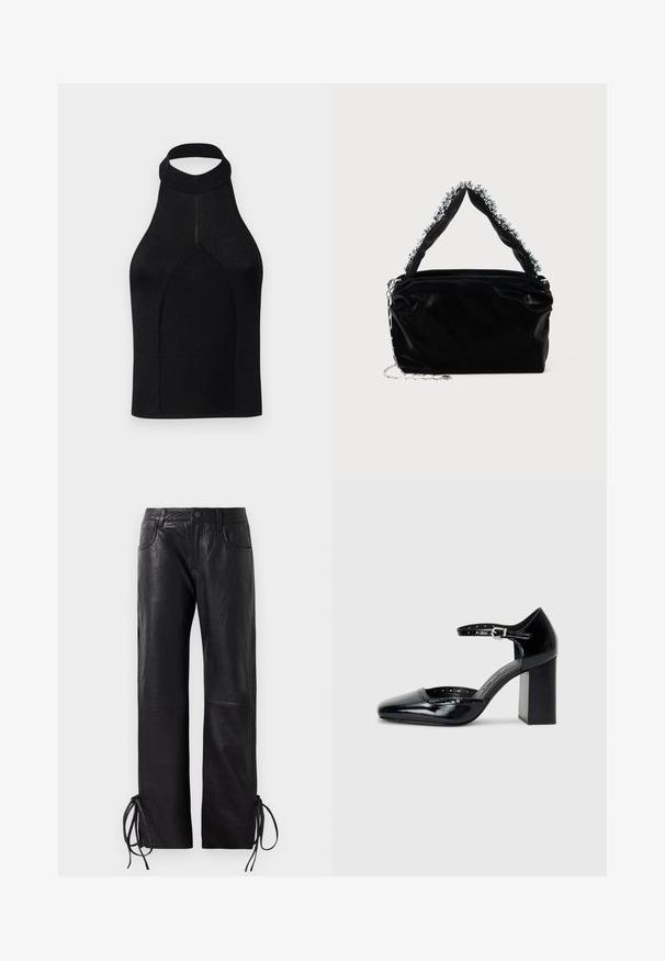 Top a halter nero con silhouette aderente, realizzato in tessuto a costine. Presenta un collo alto e un design senza cuciture con una texture liscia.; Pantaloni in pelle nera con una finitura leggermente strutturata, taglio dritto e lacci regolabili all'orlo per una vestibilità personalizzabile.; Scarpe col tacco alto in pelle verniciata nera con punta quadrata, cinturino alla caviglia e tacco chunky. Include dettagli perforati lungo il bordo.; Borsa a tracolla nera in ecopelle con finitura testurizzata, caratterizzata da un accento in argento con perline lungo il manico superiore e una tracolla a catena.