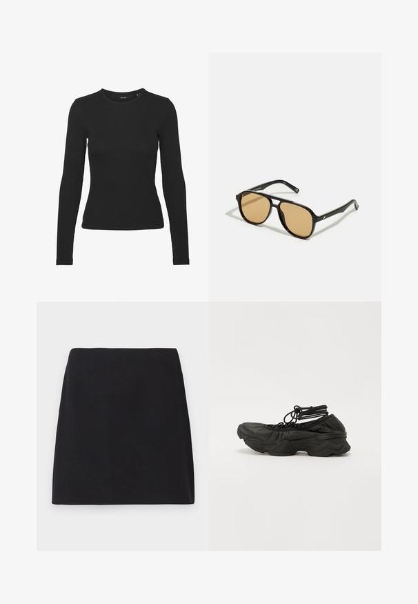 Cămașă lungă neagră cu mâneci lungi, confecționată dintr-un material ribbed. Are un decolteu rotund și un design ajustat, fără modele sau accente vizibile.; Fustă mini neagră, croială dreaptă, textură de țesătură netedă, fără modele sau broderii vizibile, margini curate, fără accesorii. Design simplu.; Pantof cu aspect sport, de culoare neagră, cu un superior din piele texturată, vârf rotunjit și talpă groasă. Sireturi asigurate cu bucle la gleznă pentru o fixare strânsă.; Ochelari de soare negri cu lentile de culoare maro; formă rectangulară cu un cadru gros, inclusiv accente hardware subtile pe mânere.; Geantă plic împletită, de culoare maro, cu un finisaj texturat, accesorii din metal auriu și cu detalii decorative sub formă de cuie pe margini. Dispune de o curea din lanț.
