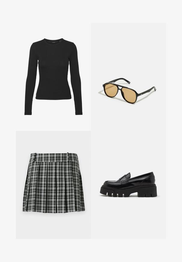 Crna majica dugih rukava izrađena od rebrastog materijala. Ima okrugli izrez i prilagođeni kroj bez vidljivih uzoraka ili naglasaka.; Karirana plisirana suknja u crno-bijeloj boji s glatkim pojasom i više vertikalnih nabora. Izrađena od laganog materijala.; Crne kožne mokasine s debelim strukturiranim potplatom i dekorativnom trakicom na gornjem dijelu. Glatka, sjajna površina.; Crne sunčane naočale s smeškastim sočivima; pravokotni oblik s debelim okvirom, uključujući suptilne hardverske akcentne detalje na sljepoočnicama.; Smeđa tkana torbica s teksturiranim finišom, zlatnim hardverom i ukrasnim čavlima duž rubova. Ima lančić za nošenje.