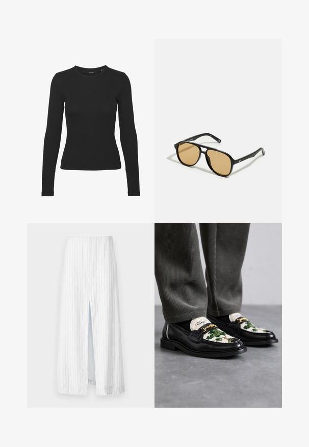 Melnas garām piedurknēm kreklas, izgatavots no ribota auduma. Tam ir apaļš izgriezums un piegulstoša forma bez redzamām apdrukām vai akcentiem.; Balts midi svārki ar vertikālām pelēkām svītrām, ar priekšējo spraugu. Izgatavoti no viegla auduma, tie piedāvā brīvu, strukturētu formu.; Melnas ādas loferi ar dekoratīvu zaļu un baltu tekstiliju augšdaļā. Iezīmē zelta ķēdes akcents un teksturēta melna zole.; Melnas saulesbrilles ar brūnā tonītiem stikliem; taisnstūra forma ar biezu rāmi, ieskaitot smalku aparatūru akcentu uz tempļiem.