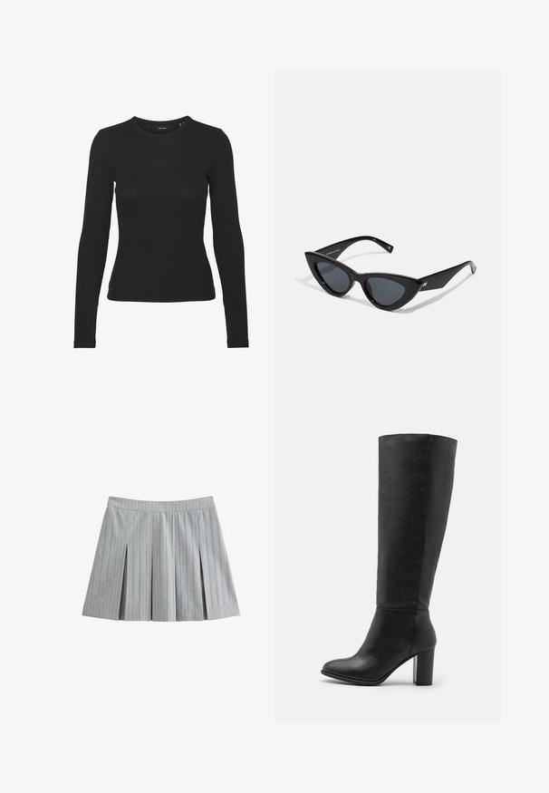 Camisa negra de manga larga hecha de tela acanalada. Presenta un escote redondo y un diseño ajustado sin patrones ni acentos visibles.; Falda plisada gris en una tela ligera con rayas verticales. Presenta una cinturilla ajustada y pliegues verticales que aportan mayor movimiento.; Botas de cuero negro hasta la rodilla, con un tacón grueso y punta redondeada. Diseño minimalista sin hardware ni decoraciones visibles.; Gafas de sol estilo ojo de gato con un marco de plástico negro brillante, lentes oscuros y detalles en dorado en las patillas. Diseño angular con líneas elegantes.; Even&Odd Bolso shopping - black