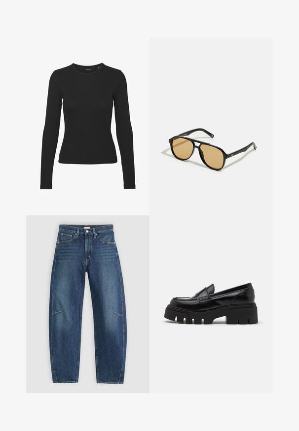 Cămașă lungă neagră cu mâneci lungi, confecționată dintr-un material ribbed. Are un decolteu rotund și un design ajustat, fără modele sau accente vizibile.; Jeans din denim albastru închis, cu design drept, având buzunare frontale, cusături în contrast și o textură ușor decolorată pe picioare.; Mocasini din piele neagră cu o talpă platformă texturată și groasă și o curea decorativă deasupra. Finisaj neted și lucios.; Ochelari de soare negri cu lentile de culoare maro; formă rectangulară cu un cadru gros, inclusiv accente hardware subtile pe mânere.; Geantă plic împletită, de culoare maro, cu un finisaj texturat, accesorii din metal auriu și cu detalii decorative sub formă de cuie pe margini. Dispune de o curea din lanț.