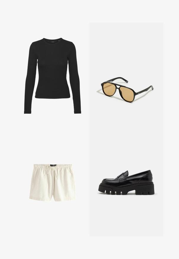 Czarna koszula z długim rękawem, wykonana z prążkowanej tkaniny. Posiada okrągły dekolt i dopasowany krój bez widocznych wzorów czy akcentów.; Jasne kremowe szorty z pionowymi niebieskimi paskami, wykonane z miękkiego materiału, z elastycznym paskiem w talii z możliwością regulacji oraz bocznymi kieszeniami.; Czarne skórzane mokasyny z masywną, teksturowaną podeszwą oraz dekoracyjnym paskiem na górze. Gładkie, błyszczące wykończenie.; Czarne okulary przeciwsłoneczne z brązowymi szkłami; prostokątny kształt z grubą oprawą, z delikatnymi akcentami na zausznikach.; Brązowa pleciona kopertówka o teksturowanym wykończeniu, z elementami ze złotego metalu i ozdobnymi ćwiekami wzdłuż brzegów. Posiada łańcuszkowy pasek.