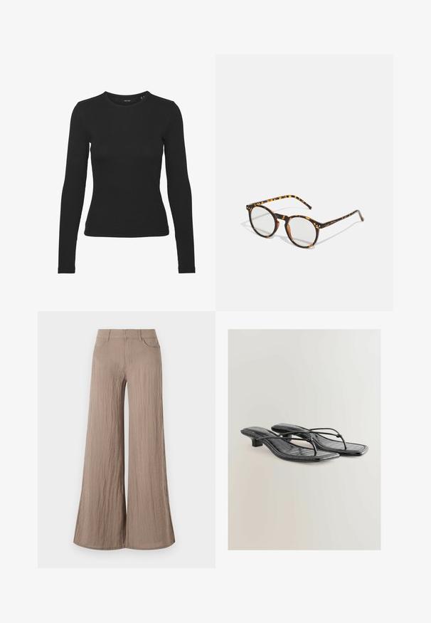 Czarna koszula z długim rękawem, wykonana z prążkowanej tkaniny. Posiada okrągły dekolt i dopasowany krój bez widocznych wzorów czy akcentów.; Jasnobrązowe szerokie spodnie o fakturowanym wykończeniu, z wysokim stanem, kieszeniami z przodu i swobodnym, luźnym krojem.; Czarne sandały na obcasie z sztucznej skóry typu slingback z teksturą krokodyla, kwadratowym noskiem i niskim obcasem. Posiadają cienkie paski łączące podeszwę.; Okrągłe okulary przeciwsłoneczne w wzór żółwia z przezroczystymi soczewkami. Posiadają grubą, lekką oprawkę oraz smukłe zauszniki.; Suede torba na ramię w odcieniu brązowym o luźnym kroju, z metalowymi ćwiekami z przodu jako detal oraz jedną szeroką rączką.