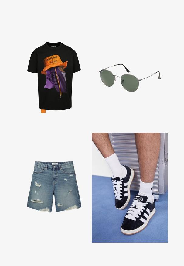 Fekete póló, amelyen egy narancssárga vödrös sapkát és lila maszkot viselő személy grafikája látható. Narancssárga húzózsinórokkal és logó részletekkel van ellátva.; Világoskék farmer rövidnadrág, koptatott foltokkal. Normál derékkal rendelkezik, körülbelül térdhová hosszúságú, és rojtos szegélyei vannak.; Fekete velúr sportcipők fehér fűzőkkel és három fehér csíkkal. A nyelvén egy kör alakú fekete logó található, valamint egy gumis talp.; Fémkeretes napszemüveg ovális zöld lencsékkel. Vékony ezüst színű fémkeret és fekete fülrész. Minimalista dizájn, látható logók nélkül.