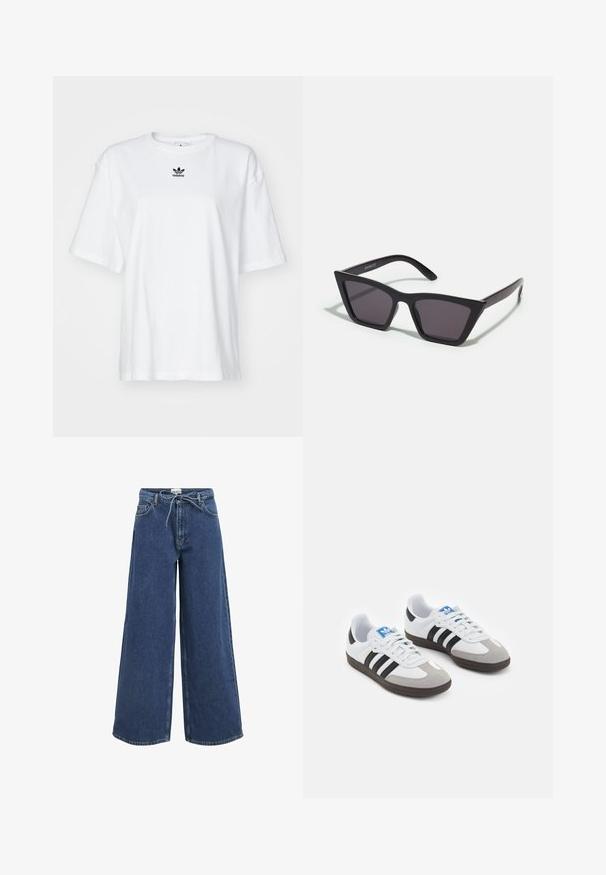 Weißes T-Shirt mit kurzen Ärmeln aus Baumwolle. Verfügt über einen Rundhalsausschnitt und ein kleines schwarzes Adidas-Logo auf der Brust. Gerader Saum.; Weite Denim-Jeans in Dunkelblau mit einem Kordelzugverschluss, Fronttaschen und einer glatten Textur. Einfache Nähte an den Säumen.; Sportschuhe mit einem Obermaterial aus weißem Leder, grauer Wildleder-Zehenkappe und drei schwarzen Streifen. Sie verfügen über ein blaues Logo auf der Zunge und eine strukturierte Gummisohle.; Schwarze, eckige Sonnenbrille mit grauen Gläsern; aus Kunststoff gefertigt, mit dicken Bügeln, die eine glatte Oberfläche und keine sichtbaren Beschläge haben.