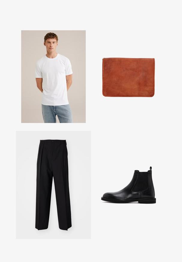Młody mężczyzna z jasnobrązowymi włosami, ubrany w prostą, białą koszulkę z krótkim rękawem i jasnoniebieskie dżinsy na beżowym tle.; Czarne plisowane spodnie o prostym, szerokim kroju nogawek. Wykonane z gładkiego materiału, z zapięciem na guzik i pętelkami na pasek.; Czarne skórzane botki Chelsea z elastycznymi panelami bocznymi i pętelką. Gładka tekstura, okrągły nos, płaska gumowa podeszwa.; Brązowe skórzane portfolio o gładkiej fakturze, prostokątnym kształcie i widocznym przeszyciu na brzegach. Bez dodatków ani wzorów.