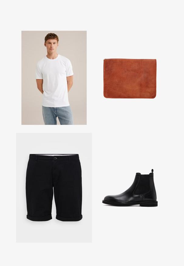 Jeune homme avec des cheveux châtain clair portant un t-shirt blanc uni à manches courtes et un jean bleu clair sur un fond beige.; Shorts en coton noir avec une coupe droite, ourlets retroussés et fermeture à bouton à l'avant. Dotés de poches et d'une ceinture intérieure à motif.; Bottes Chelsea en cuir noir avec panneaux élastiques sur les côtés et une languette. Texture lisse, bout arrondi, semelle en caoutchouc plate.; Portfolio en cuir marron avec une texture lisse, de forme rectangulaire et des coutures visibles le long des bords. Pas de matériel ni de motifs.