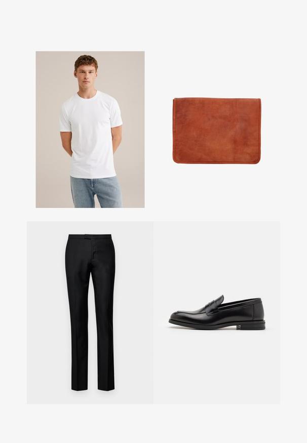 Giovane uomo con capelli castano chiaro che indossa una t-shirt bianca a maniche corte e jeans azzurri su uno sfondo beige.; Pantaloni neri su misura con una texture liscia, design a gamba dritta, con zip e vita standard, caratterizzati da tasche frontali discrete.; Mocassini neri in pelle con una texture liscia, punta arrotondata e una striscia decorativa sulla tomaia. Tacco basso impilato, design minimalista.; Portfolio in pelle marrone con una texture liscia, forma rettangolare e cuciture visibili lungo i bordi. Nessun hardware o motivo.