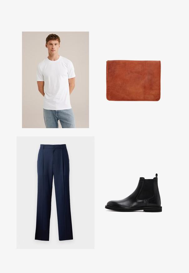 Młody mężczyzna z jasnobrązowymi włosami, ubrany w prostą, białą koszulkę z krótkim rękawem i jasnoniebieskie dżinsy na beżowym tle.; Ciemnogranatowe spodnie wykonane z gładkiego materiału o prostym kroju nogawki, z delikatną teksturą i dwoma fałdami z przodu. Brak widocznych kieszeni.; Czarne skórzane botki Chelsea z elastycznymi panelami bocznymi i pętelką. Gładka tekstura, okrągły nos, płaska gumowa podeszwa.; Brązowe skórzane portfolio o gładkiej fakturze, prostokątnym kształcie i widocznym przeszyciu na brzegach. Bez dodatków ani wzorów.