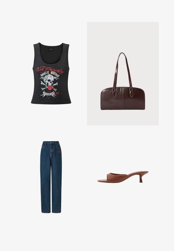 Schwarzes ärmelloses Tanktop mit einem auffälligen Totenkopf- und Kreuzbein-Design mit einem Herz, mehrfarbigen Akzenten und dem Text "Love Dies Hard".; Dunkelblaue Denim-Jeans mit hoher Taille, weitem Bein, Fronttaschen und rot gesticktem Logo auf der linken Seite. Sauberes, klassisches Design.; Braune offene Absatzmules mit glatter, matter Oberfläche, die ein geschwungenes Design und einen transparenten, verjüngten Absatz aufweisen.; Braune Ledertasche mit zwei langen Tragegriffen, einer strukturierten rechteckigen Form, glatter Textur und abgerundeten Kanten. Besitzt Akzentdetails an den Griffen.