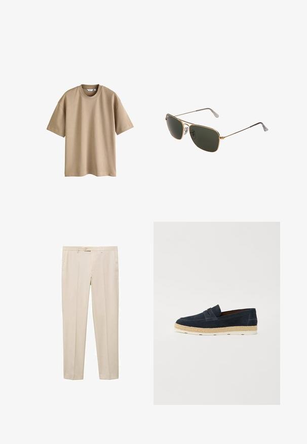 Kurzarm-T-Shirt in hellbraun, aus weichem Stoff, mit Rundhalsausschnitt und lockerer Passform ohne sichtbare Muster oder Akzente.; Beige maßgeschneiderte Hose mit geradem Schnitt, ausgestattet mit einem Knopfverschluss am Bund, zwei Eingrifftaschen und flachem Frontdesign.; Marineblaue Wildleder-Slipper mit einer leichten weißen Gummisohle und geflochtenen Jutedetails am Rand; glatte Textur und schlichtes Design.; Goldfarbene Metall-Aviator-Sonnenbrillen mit großen dunkelgrünen Gläsern, ausgestattet mit einem dünnen Rahmen und transparenten Nasenpolstern für zusätzlichen Komfort.