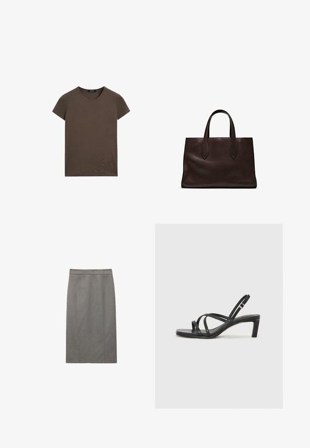 Braun T-Shirt mit kurzen Ärmeln aus weichem Baumwollmaterial, mit rundem Halsausschnitt und schlichtem Design ohne zusätzliche Muster oder Akzente.; Grauer Bleistiftrock mit gerader Silhouette, maßgeschneideten Nähten und glatter Textur. Das Design umfasst einen hohen Bund für einen sicheren Sitz.; Schwarze Sandale mit Riemchen, quadratischer Zehenform und niedrigem Blockabsatz. Verfügt über mehrere dünne Riemen und einen verstellbaren Knöchelriemen. Hergestellt aus glattem Leder.; Braune Ledertasche mit zwei langen Griffen, strukturierte rechteckige Form, glatte Textur und dezente Nähdetails.