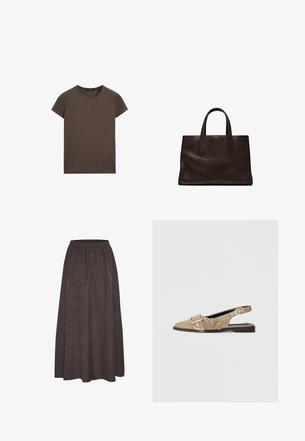 Brown short-sleeve T-shirt made of soft cotton, featuring a round neckline and a plain design without additional patterns or accents.; Maxi skirt in dark brown, made of textured fabric with an elastic waistband. Wide, flowing silhouette features no visible patterns or accents.; Beige patent slingback shoes with a pointed toe, two adjustable buckles, and a low black heel. Smooth texture with a glossy finish.; Brown leather tote bag with two elongated handles, structured rectangular shape, smooth texture, and subtle stitching details.