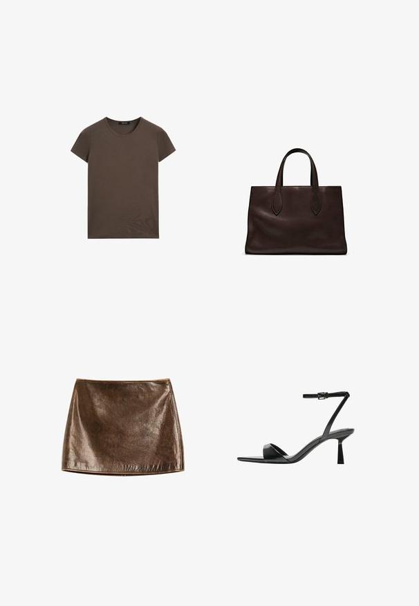 Braun T-Shirt mit kurzen Ärmeln aus weichem Baumwollmaterial, mit rundem Halsausschnitt und schlichtem Design ohne zusätzliche Muster oder Akzente.; Brazer metallischer Minirock mit einer glatten, glänzenden Textur. Verfügt über ein einfaches Design und klare Linien, mit einem geraden Saum am unteren Ende.; Bershka High Heel Sandalette - black; Braune Ledertasche mit zwei langen Griffen, strukturierte rechteckige Form, glatte Textur und dezente Nähdetails.