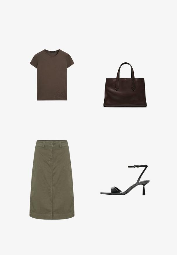 T-shirt marron à manches courtes en coton doux, avec un col rond et un design sobre sans motifs ni accents supplémentaires.; Jupe vert olive en coton, de forme droite, avec fermeture à boutons sur le devant et une texture lisse. Sans embellissements ni motifs.; Bershka Sandales à talons hauts - black; Sac tote en cuir marron avec deux poignées allongées, forme rectangulaire structurée, texture lisse et détails de couture subtils.
