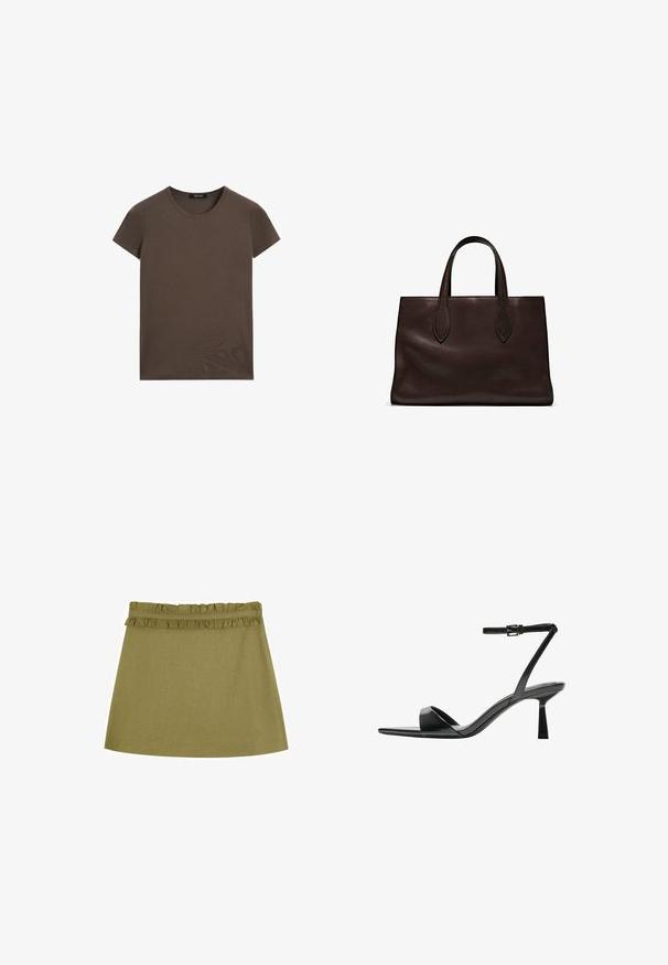 T-shirt marrone a maniche corte in morbido cotone, con scollatura rotonda e design semplice senza ulteriori motivi o accenti.; Gonna verde oliva in cotone, con vita arricciata e silhouette ampia. Texture liscia, lunghezza fino a metà coscia.; Bershka Sandali con tacco - black; Borsa a spalla in pelle marrone con due manici lunghi, forma rettangolare strutturata, texture liscia e dettagli di cucitura sottili.