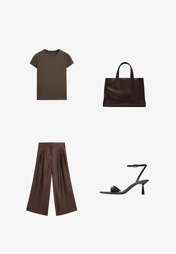Bruine T-shirt met korte mouwen, gemaakt van zachte katoen, met een ronde halslijn en een eenvoudig ontwerp zonder extra patronen of accenten.; Bruine wijde broek van een gestructureerde stof. Voorzien van plooien aan de voorkant, een knoopsluiting en een hoge taille.; Bershka Sandalen met hoge hak - black; Bruine leren tote bag met twee verlengde handvatten, gestructureerde rechthoekige vorm, gladde textuur en subtiele stiksels.