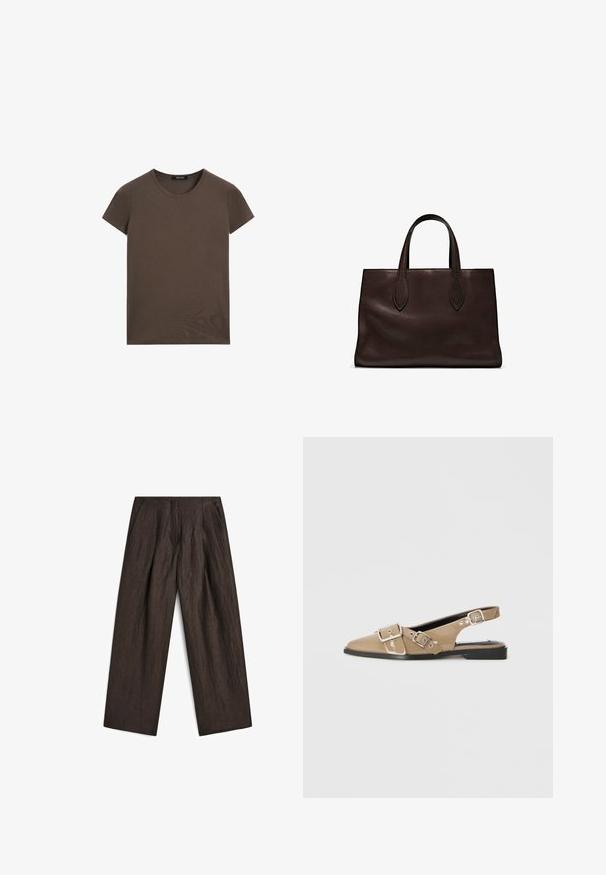 T-shirt marron à manches courtes en coton doux, avec un col rond et un design sobre sans motifs ni accents supplémentaires.; Pantalon marron foncé en tissu texturé, avec des jambes larges, un devant plissé et des poches latérales pour une silhouette structurée.; Chaussures slingback en vernis beige avec un bout pointu, deux boucles ajustables et un petit talon noir. Texture lisse avec une finition brillante.; Sac tote en cuir marron avec deux poignées allongées, forme rectangulaire structurée, texture lisse et détails de couture subtils.