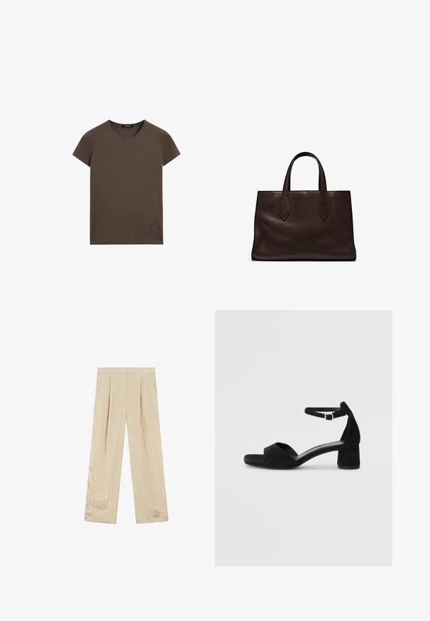 Braun T-Shirt mit kurzen Ärmeln aus weichem Baumwollmaterial, mit rundem Halsausschnitt und schlichtem Design ohne zusätzliche Muster oder Akzente.; Beige, weit geschnittene Hose mit Falten; aus einem strukturierten Stoff mit subtiler Satinoptik; gerader Saum; keine sichtbaren Taschen oder Verzierungen.; Schwarze Wildleder-Espadrilles mit einem dünnen Knöchelriemen, offener Zehenpartie und moderatem Blockabsatz. Glatte Textur und minimale Akzente.; Braune Ledertasche mit zwei langen Griffen, strukturierte rechteckige Form, glatte Textur und dezente Nähdetails.