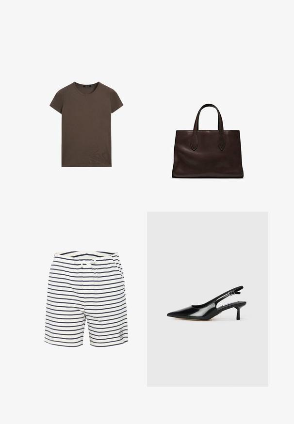 Hnědé tričko s krátkým rukávem vyrobené z měkké bavlny, s kulatým výstřihem a jednoduchým designem bez dalších vzorů nebo akcentů.; Pruhované plavkové šortky v bílé a námořnické modři, s elastickým pasem a šňůrkou na stažení, a s malým logem na spodní části vpředu.; Černé lakované lodičky se špičatou špičkou, tenkým podpatkem a nastavovacím sponou. Hladký povrch s minimálními detaily.; Hnědá kožená taška přes rameno s dvěma dlouhými uchy, strukturální obdélníkový tvar, hladká textura a jemné švy.
