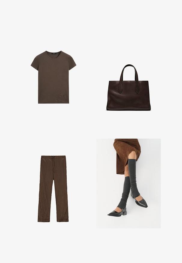 Bruine T-shirt met korte mouwen, gemaakt van zachte katoen, met een ronde halslijn en een eenvoudig ontwerp zonder extra patronen of accenten.; Massimo Dutti PINSTRIPE - Broek - mottled dark brown; Zwarte gepatineerde leren pumps met een puntige neus, een blokhak en een enkelbandje, gecombineerd met grijze geribde beenwarmers en een bruine suède rok.; Bruine leren tote bag met twee verlengde handvatten, gestructureerde rechthoekige vorm, gladde textuur en subtiele stiksels.