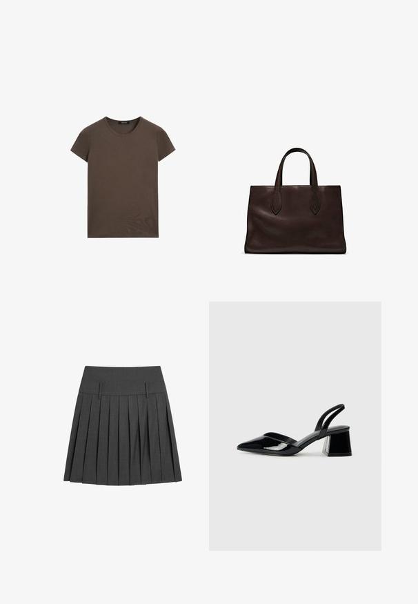 Bruin T-shirt met korte mouwen gemaakt van gladde stof, met een ronde halslijn en een reguliere pasvorm, zonder extra patronen of accenten.; Plisseerok in grijs, gemaakt van gestructureerde stof, met een vlakke tailleband met twee voorkleppen en meerdere verticale plooien voor extra volume.; Zwarte gepatineerde leren slingback hakken met een spitse neus en een geometrische blokhak. Kenmerkt zich door een slank, minimalistisch ontwerp en een gladde textuur.; Bruine leren tote bag met twee verlengde handvatten, gestructureerde rechthoekige vorm, gladde textuur en subtiele stiksels.