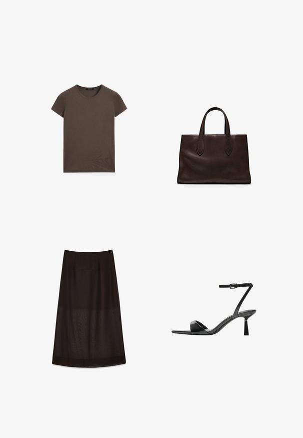 T-shirt marron à manches courtes en tissu lisse, avec un col rond et une coupe régulière, sans motifs ni accents supplémentaires.; Jupe mi-longue noire en tissu lisse, dotée d'un léger éclat, d'une fermeture éclair discrète sur le côté et d'une coupe fluide en forme de A.; Bershka Sandales à talons hauts - black; Sac tote en cuir marron avec deux poignées allongées, forme rectangulaire structurée, texture lisse et détails de couture subtils.