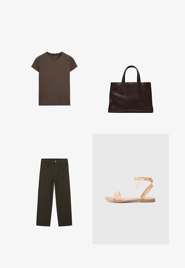 Braunes kurzärmeliges T-Shirt aus glattem Stoff, mit rundem Ausschnitt und regulärer Passform, ohne zusätzliche Muster oder Akzente.; Dunkelgrüne Jeans im weit geschnittenen Style, hergestellt aus einem Baumwollgemisch. Sie verfügen über einen Frontknopfverschluss, fünf Taschen und klassische Denim-Nähte.; Beige Flachsandale mit einem breiten Riemen, Knöchelriemen mit Schnalle und dekorativem Kettendetail. Glatte, lederähnliche Textur und flache Sohle.; Braune Ledertasche mit zwei langen Griffen, strukturierte rechteckige Form, glatte Textur und dezente Nähdetails.