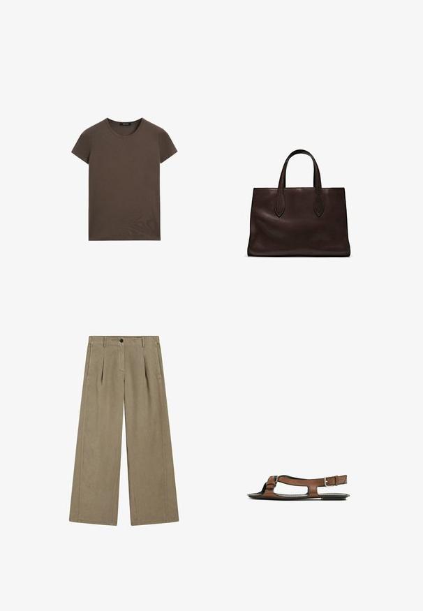 Brown short-sleeve t-shirt made of smooth fabric, featuring a round neckline and a regular fit, with no additional patterns or accents.; Light taupe wide-leg trousers with a smooth texture, featuring a front pleat, belt loops, and a button closure at the waist.; Brown leather sandal with an open toe and side cutouts. Features an ankle strap with a metal buckle and a flat sole.; Brown leather tote bag with two elongated handles, structured rectangular shape, smooth texture, and subtle stitching details.