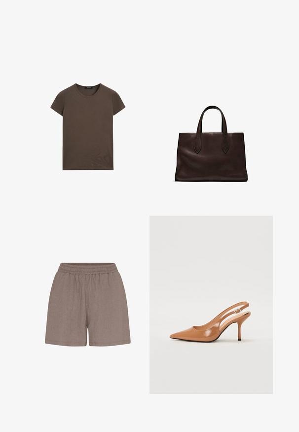 Brun t-shirt med korte ærmer lavet af glat stof, med rund halsudskæring og almindelig pasform, uden ekstra mønstre eller detaljer.; Brune, teksturerede shorts med elastisk talje. Har en afslappet pasform og enkel konstruktion, velegnet til hverdagstøj.; Spids tå slingback hæl i et glat, blankt tan materiale. Har et buet udskæring design og en slank stiletto hæl. Sølv spænde detalje.; Brun læder tote bag med to forlængede håndtag, struktureret rektangulær form, glat overflade og subtile syninger.