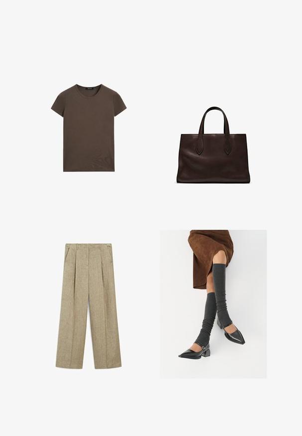 Brown short-sleeve t-shirt made of smooth fabric, featuring a round neckline and a regular fit, with no additional patterns or accents.; Light beige wide-legged trousers with pleats, featuring two side pockets and a textured linen blend fabric.; Black patent leather pointed-toe shoes with a block heel and ankle strap, paired with gray ribbed leg warmers and a brown suede skirt.; Brown leather tote bag with two elongated handles, structured rectangular shape, smooth texture, and subtle stitching details.