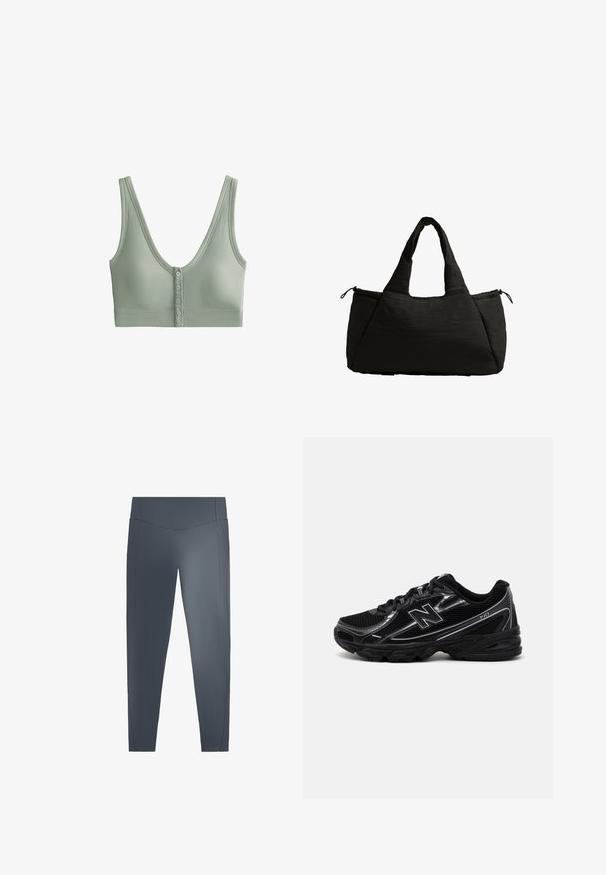 Žebrovaná zelená podprsenka s hlubokým V výstřihem, širokými ramínky a pěti knoflíkovým zapínáním vpředu. Měkká látka s hladkým povrchem.; Tmavě šedé legíny s hladkým povrchem, vysokým pasem a dvěma bočními kapsami. Vyznačují se minimálním prošíváním a zúženým designem nohavic.; Černá sportovní obuv s vrchní částí z prodyšné síťoviny, stříbrnými akcenty, polstrovanou podrážkou a šněrováním. Má zaoblenou špičku a zdrsněnou podrážku.; Černá taška přes rameno s nadýchanou texturou, vybavená dvěma krátkými uchy a boční kapsou uzavřenou šňůrkou. Jednoduchý, úhlový design.