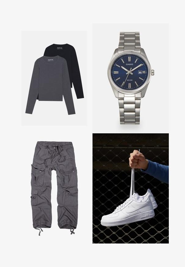 YOURTURN 2 PACK UNISEX - Longsleeve - dark grey/black; Grijze cargobroek met meerdere zakken, trekkoord in de taille, knoopsluiting, taps toelopende boorden en een gestructureerde stofafwerking.; Witte leren sneakers met perforaties, ronde neus, vlakke zool en dikke veters, met een zichtbare swoosh-logo en "AIR" op de hiel.; Zilveren roestvrijstalen horloge met een marineblauwe wijzerplaat, metalen uurmarkeringen en een datumnis op 3 uur. Waterbestendig tot 50 meter.