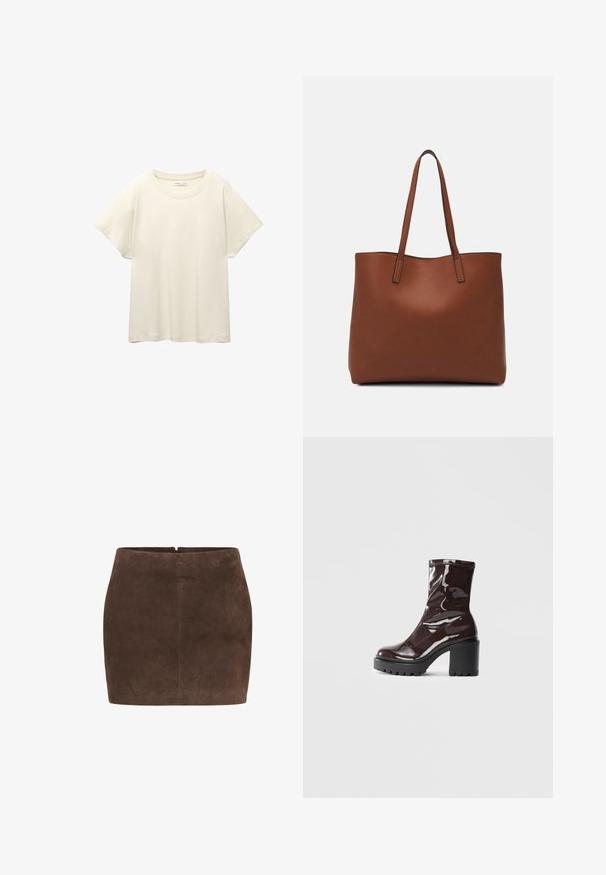 Ljus beige kortärmad t-shirt med rund halsringning, tillverkad av mjuk, slät tyg. Har en avslappnad passform och rak nederkant.; Brun mockaskinn mini kjol med en slät textur, som har en enkel design, bakfickslås och inga ytterligare detaljer.; Glansig bordeauxfärgad ankelsko med en kraftig svart klack, som har en slät yta och enkel design. Inga synliga stängningar eller mönster.; Brun läder tote-väska med en slät textur, öppen toppdesign och två axelremmar. Har minimal söm och ingen synlig metalldetalj.