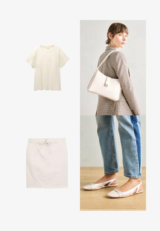 Helles beige T-Shirt mit kurzen Ärmeln und Rundhalsausschnitt, aus weichem, glattem Stoff gefertigt. Verfügt über eine lockere Passform und einen geraden Saum.; Weißer Baumwollrock mit Kordelzugbund, zwei seitlichen Taschen und geradem Schnitt. Subtile Struktur mit glatter Oberfläche.; Blassrosa Slingback-Ballerinas mit spitzem Punkt, aus einem glatten, lederähnlichen Material. Mit Ausschnitten an den Seiten und einem flachen Absatz.; Weiße Lederhandtasche mit strukturiertem Design, ausgestattet mit einem Magnetverschluss und einem Schulterriemen, präsentiert vor einem neutralen Hintergrund.