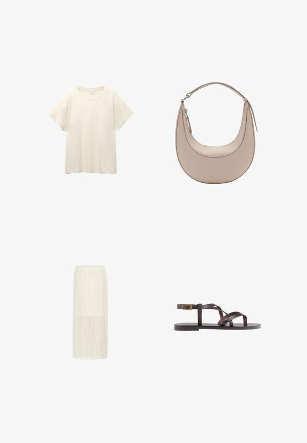 Light beige short-sleeve t-shirt with a round neckline, made of soft, smooth fabric. Features a relaxed fit and straight hemline.; White midi skirt featuring a textured lace pattern with a slightly elastic waistband and a straight silhouette. Lightweight and airy fabric.; Brown leather sandal featuring crisscross straps, an ankle buckle closure, and a flat sole with minimal stitching details.; Beige leather shoulder bag with a crescent shape, smooth texture, and a single curved handle. Features a zip closure and neat stitching.