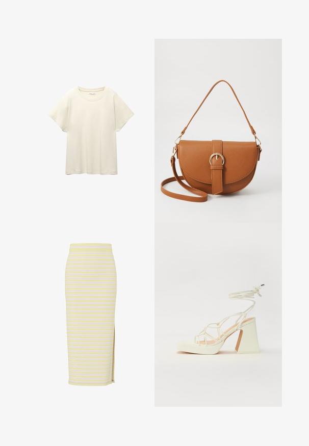 Ljus beige kortärmad t-shirt med rund halsringning, tillverkad av mjuk, slät tyg. Har en avslappnad passform och rak nederkant.; Randig midkjol i gult, rosa och vitt, med en figurnära design och en hög sidoklyvning till låret. Tillverkad av ett mjukt, stretchigt tyg.; Vit högklackad sandal med en kraftig klack, med ett remdesign och ankelband. Slät textur med en plattform framtill för ökad höjd.; Brun läder crossbody-väska med en böjd form, gyllene detaljer och en spänneaccent. Har en avtagbar axelrem.