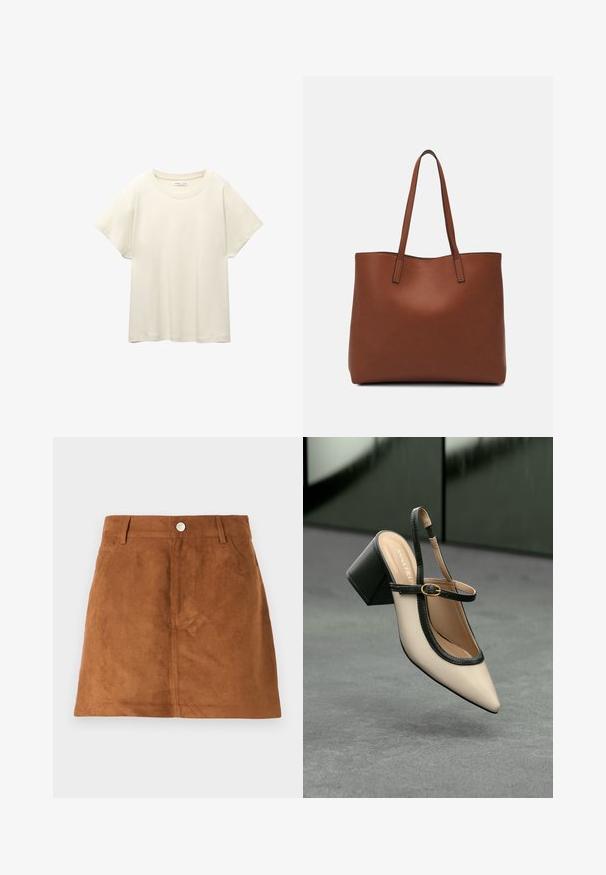 Svetlo béžové tričko s krátkym rukávom a okrúhlym výstrihom, vyrobené z jemnej, hladkej tkaniny. Má voľný strih a rovný lem.; Hnedá mini sukňa z hladkej semišovej látky, ktorá má zapínanie na gombík a pútka na opasok. Jednoduchý dizajn bez ďalších vzorov alebo akcentov.; Béžová lodička so špicatou špičkou, s čiernym lemom, zlatou prackou a robustným blokovým podpätkom na šedom podlahe s tmavozeleným pozadím.; Hnedá kožená taška na rameno s hladkou textúrou, otvoreným vrchom a dvoma ramenými popruhmi. Má minimálne šitia a žiadne viditeľné kovania.