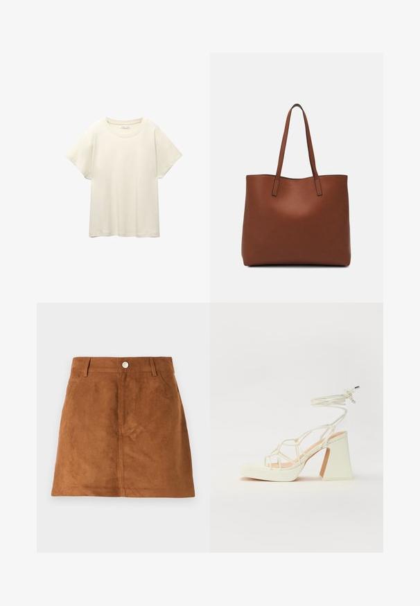 Tricou scurt de culoare bej deschis, cu mâneci scurte și decolteu rotund, realizat dintr-un material moale și neted. Are o croială lejeră și un tiv drept.; Fustă mini din suede maro, cu o textură netedă, având o închidere cu buton și curele pentru brâu. Design simplu, fără modele sau accente suplimentare.; Sandale albe cu toc înalt și gros, cu un design cu curele și legătură la gleznă. Textură netedă, cu o platformă frontală pentru înălțime suplimentară.; Geantă de umăr din piele maro cu o textură netedă, design cu vârf deschis și două curele pentru umăr. Prezintă cusături minime și fără componente metalice vizibile.