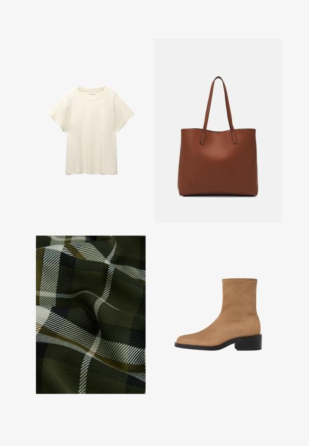 Helles beige T-Shirt mit kurzen Ärmeln und Rundhalsausschnitt, aus weichem, glattem Stoff gefertigt. Verfügt über eine lockere Passform und einen geraden Saum.; Gewebter Karostoff mit dunklem Grün, Schwarz und Weiß. Die Textur ist glatt mit einem weichen, gemusterten Finish.; Hellbraune Wildleder-Ankle Boots mit quadratischer Spitze, niedrigem Blockabsatz und nahtlosem Design. Mit dezenten Nähten entlang der Kanten.; Braune Leder-Tote mit glatter Textur, offenem Oberteil und zwei Schulterriemen. Verfügt über minimale Nähte und keine sichtbaren Beschläge.