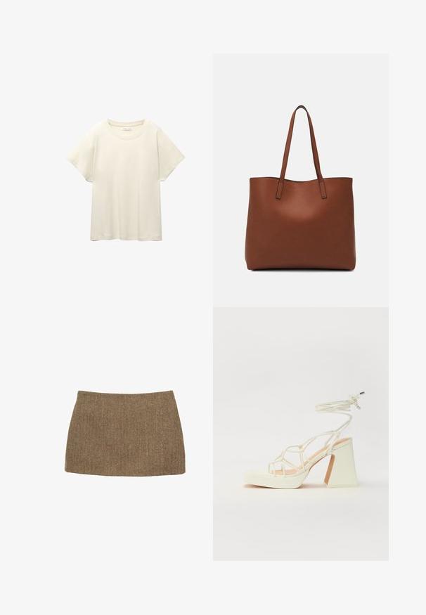 Lys beige kortærmet t-shirt med rund halsudskæring, lavet af blødt, glat stof. Har en afslappet pasform og lige forneden.; Brun mini-skirt med fiskebensmønster, der har en lige skæring og glat tekstur. Stoffet virker vævet og struktureret. Ingen synlige lukninger.; Hvide højhælede sandaler med en kraftig hæl, der har et stropdesign og ankelbinding. Glat tekstur med en platform foran for ekstra højde.; Brun læder tote taske med en glat overflade, åben topdesign og to skulderremme. Har minimal syning og ingen synlig hardware.