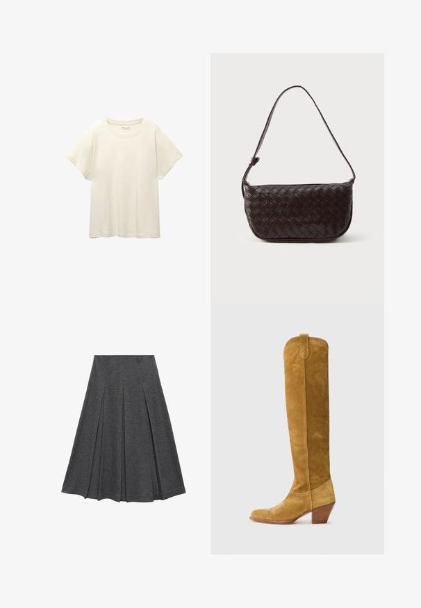 Svetlo bež kratkosleeven majica s okroglim ovratnikom, izdelana iz mehke, gladke tkanine. Ima sproščen kroj in raven rob.; Siva plisirana krila s razširjenim oblikovanjem, izdelana iz mehke tkanine. Ima vertikalne plisirane detajle in gladek pas za prilegajoč videz.; Polo Ralph Lauren Škornji v kavbojskem/motorističnem slogu - caramel; Tkanina usnjena torba čez ramo v temno rjavi barvi, s ukrivljeno obliko, nastavljivim trakom in gladkim финишом. Kompaktna zasnova brez vidne kovinske opreme.