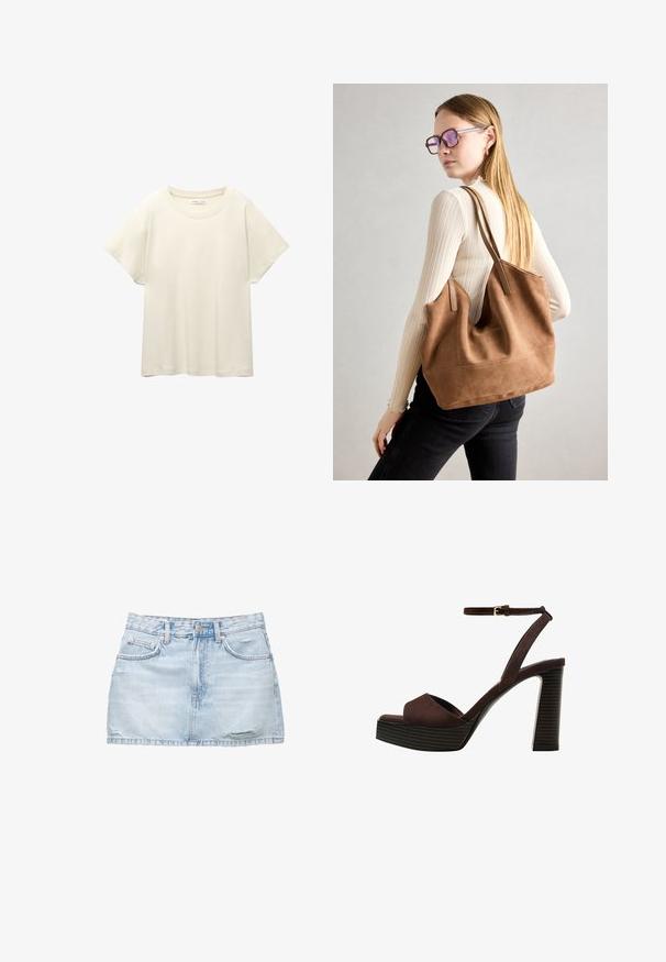 Lichtbeige t-shirt met korte mouwen en een ronde halslijn, gemaakt van zachte, gladde stof. Heeft een ontspannen pasvorm en een rechte zoom.; Lichtblauwe denim minirok met een rafelige zoom, twee voorkezen en een enkele knoopsluiting. Heeft een lichte slijtage voor een versleten uitstraling.; Bruine suède high-heeled sandaal met een open teen, verstelbare enkelband en een gestreepte plateauzool.; Bruine suède totebag met zachte textuur, grote opening en lange hengsels. Het heeft een eenvoudig ontwerp met zichtbare stiksels en geen hardware.